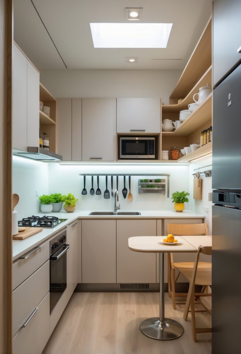 A small apartment kitchen with compact cabinets, built-in appliances, open shelves, and a foldable dining table, designed to make the most of limited space.