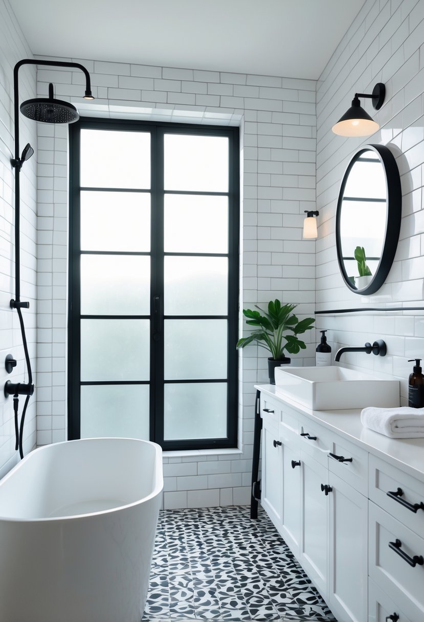 A bathroom with a white bathtub, black fixtures, white tiled walls, black and white patterned floor tiles, a sink with a round mirror, and a small green plant.