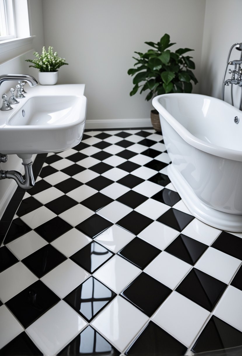 Bathroom interior with black and white checkerboard floor tiles, white sink, bathtub, and a small potted plant.