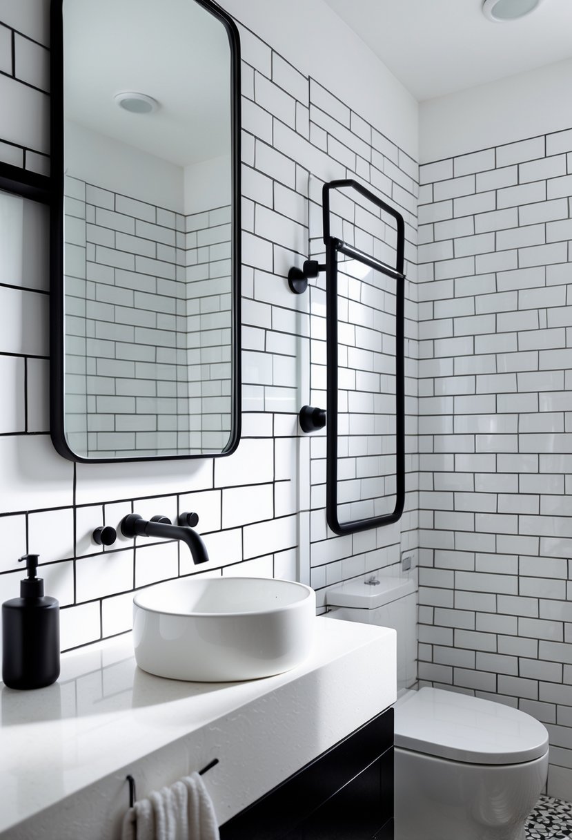 A bathroom with white subway tiles with black grout, a white sink, black faucet, and a large mirror.