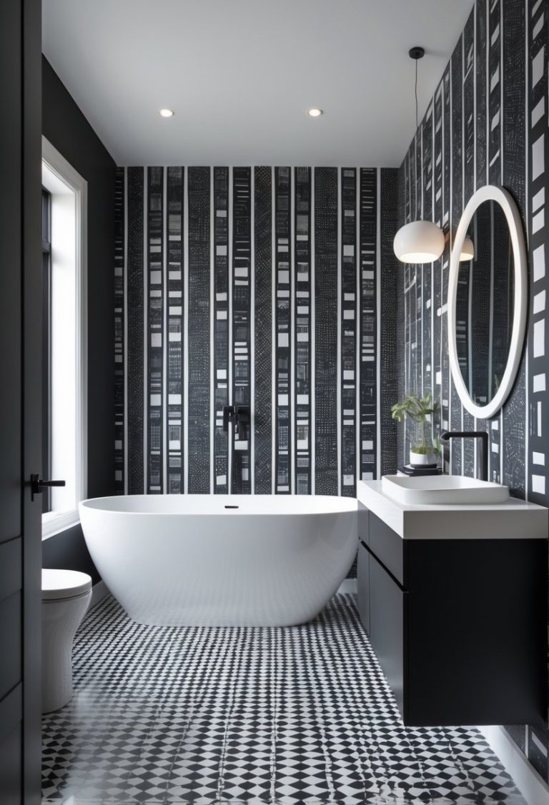 A modern bathroom with a freestanding bathtub, a black vanity, a round mirror, and black and white geometric patterned wallpaper on the walls.