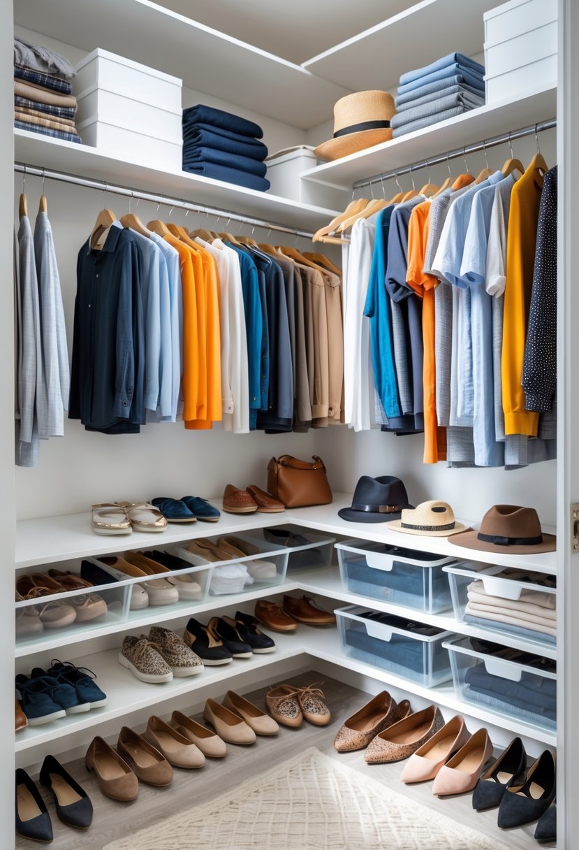 A neatly organized closet with clothes, shoes, and accessories arranged tidily on shelves and hanging rods.