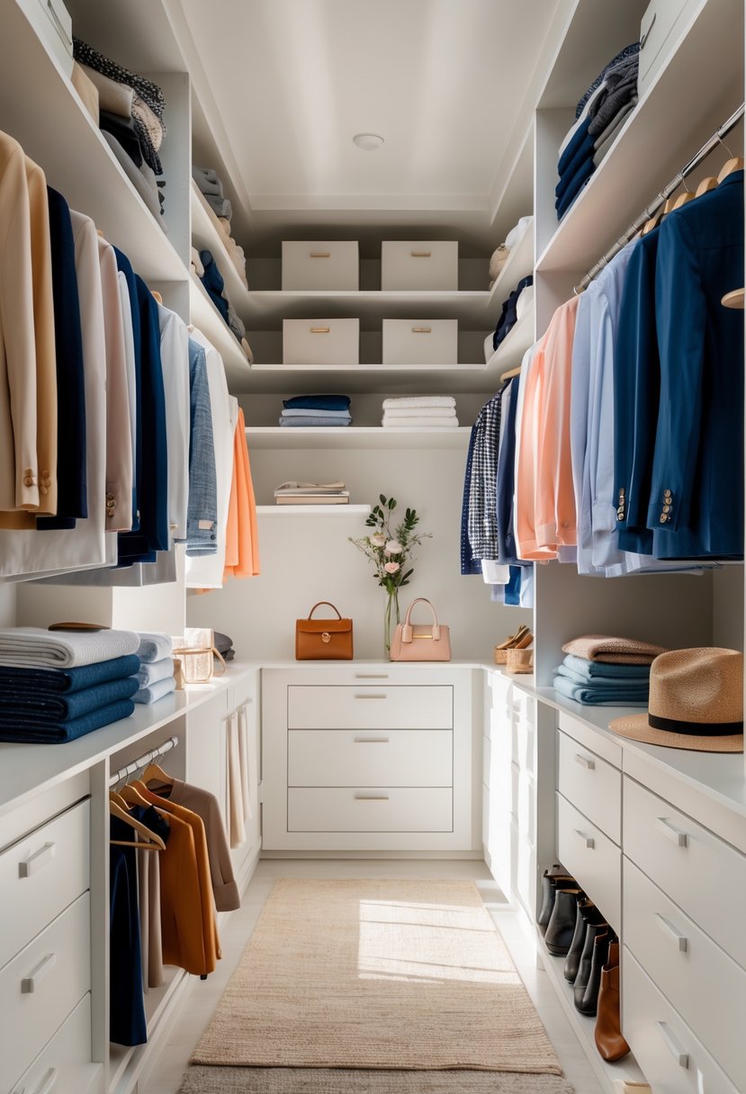 A clean and organized walk-in closet with clothes neatly hung and folded, shelves with storage bins, and a central island.
