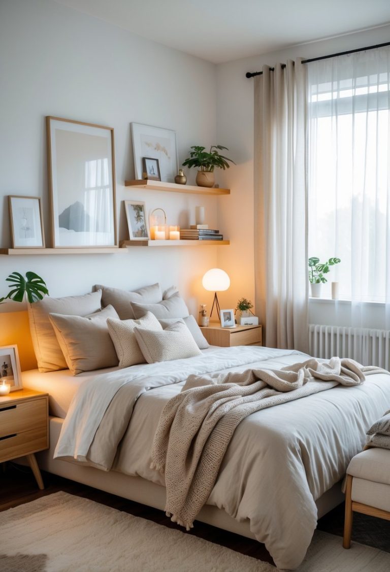 A tidy bedroom with a made bed, nightstand with a plant and lamp, shelves with books and decor, and natural light coming through a window.