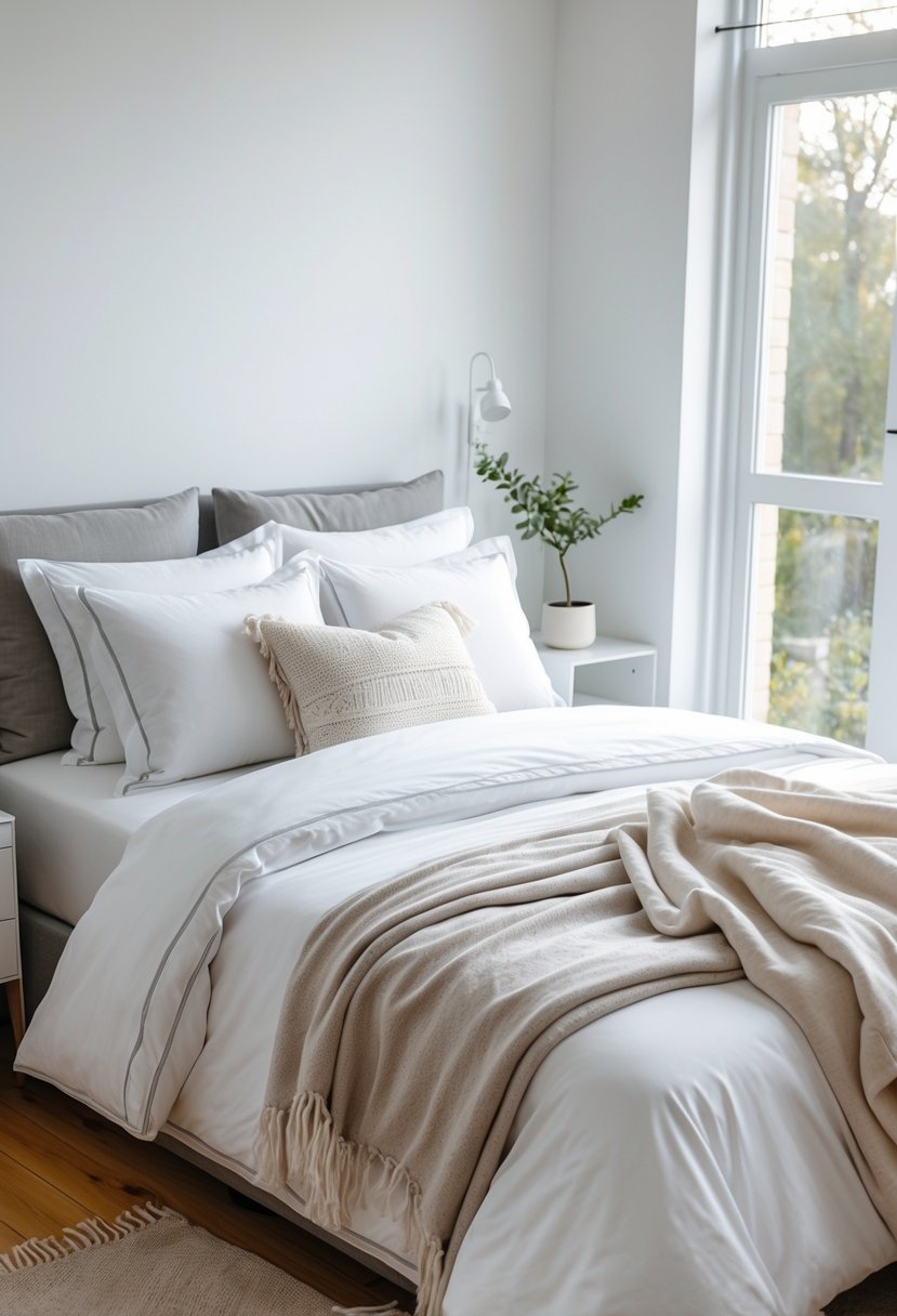 A neatly made bed with layered bedding, decorative pillows, and a throw blanket in a bright bedroom.