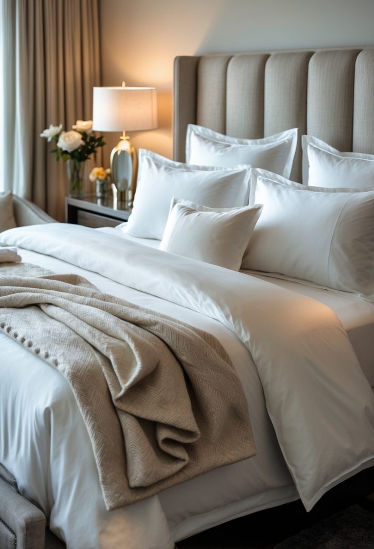 A neatly made bed with white sheets, multiple pillows, and a folded throw blanket in a modern bedroom setting.