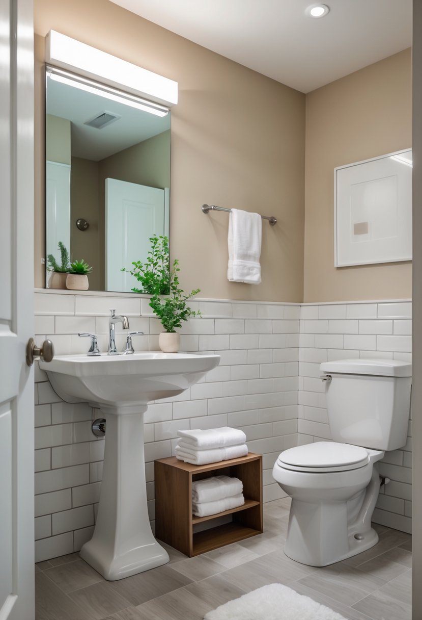 A clean and tidy guest bathroom with a white pedestal sink, mirror, potted plant, folded towels, and a toilet.