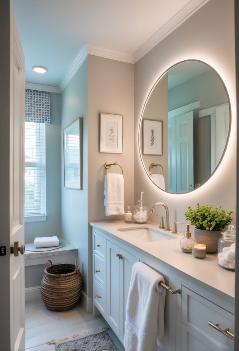 A guest bathroom with a white vanity, round mirror, decorative plants, candles, towels, and a small rug on the tiled floor.