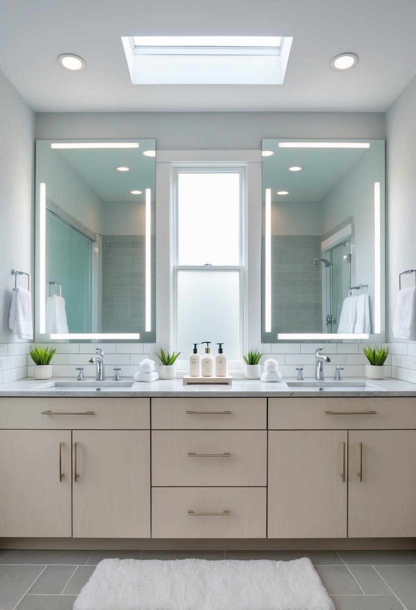 A clean and bright bathroom with a double sink vanity, two mirrors, and bathroom accessories on the countertop.
