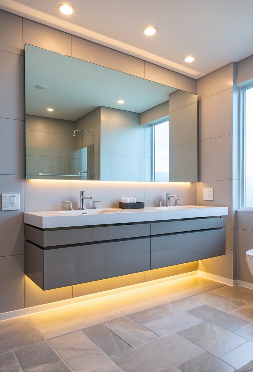 A modern bathroom with a floating double vanity featuring two sinks and under-cabinet lighting.