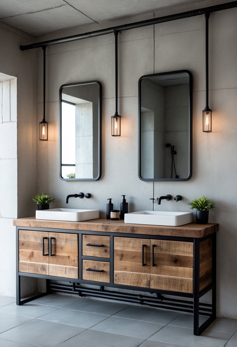 A bathroom with a double sink vanity featuring wooden countertops, metal accents, two mirrors, and a tiled floor.