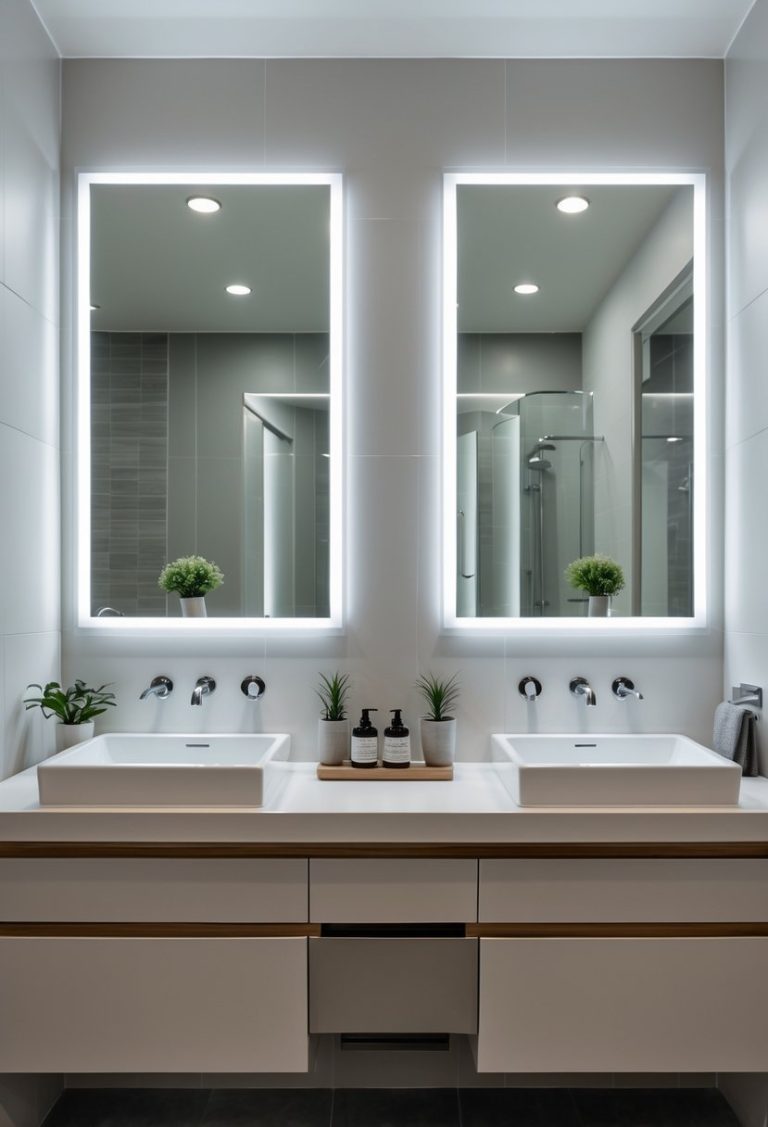 A bathroom with a double vanity featuring two sinks and illuminated LED mirrors above them.