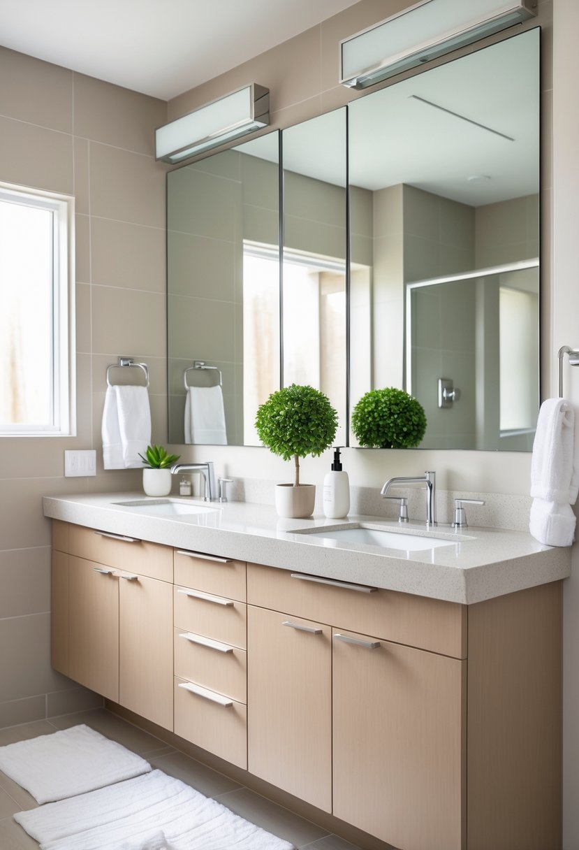 A bathroom with a double vanity featuring two sinks and a quartz countertop, with mirrors and storage cabinets below.