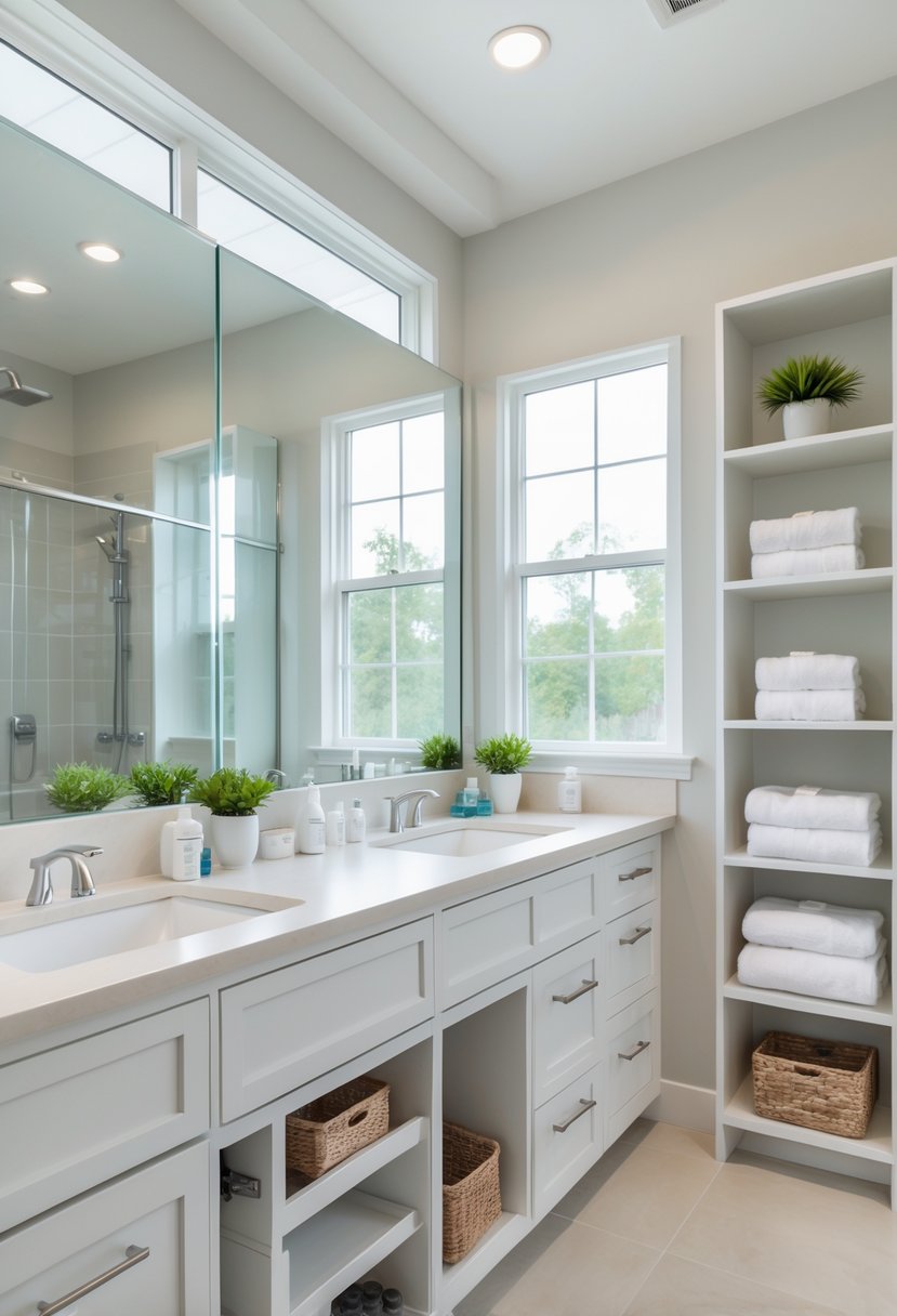 A clean, organized bathroom with a double sink vanity featuring drawers, shelves with towels and baskets, and large mirrors reflecting natural light.