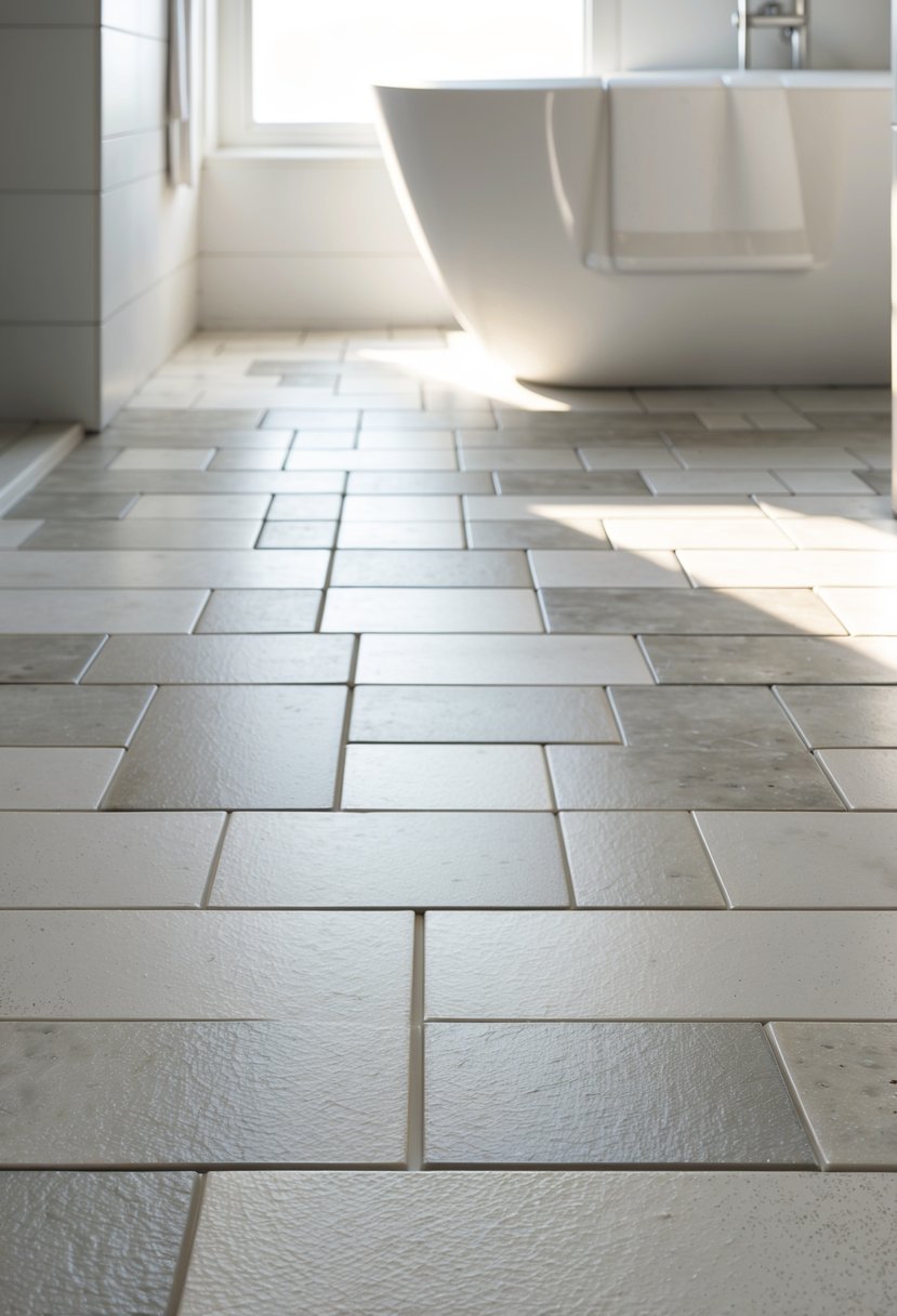 A clean bathroom floor with light gray and beige rectangular tiles arranged in a staggered pattern, with a white bathtub partially visible in the background.