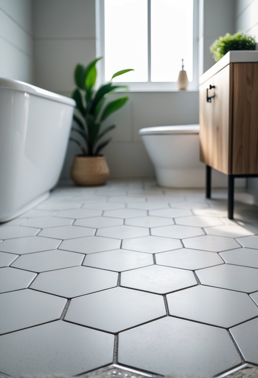 Bathroom floor with hexagonal porcelain tiles in light gray and white, with a bathtub and wooden vanity in the background.