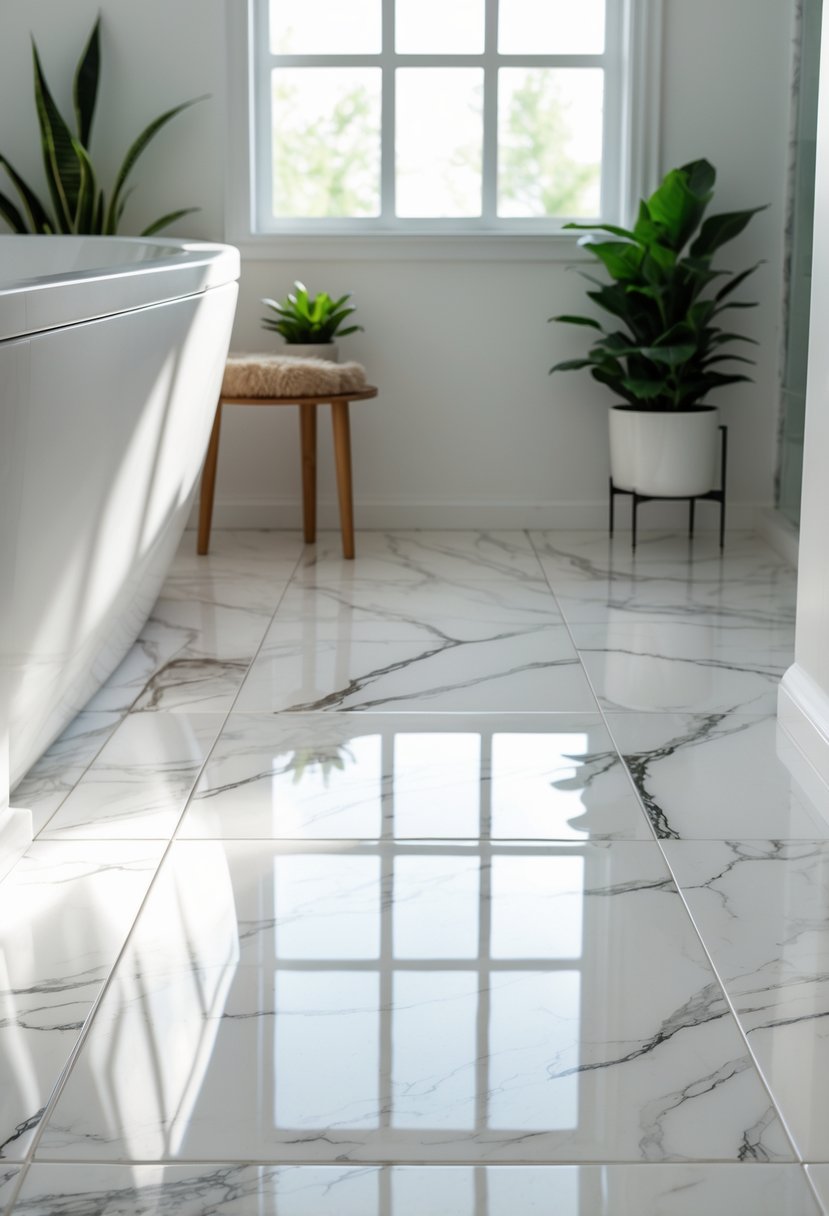 A bathroom floor with white and gray marble-patterned ceramic tiles, a bathtub edge, a wooden bath mat, and a small green plant.