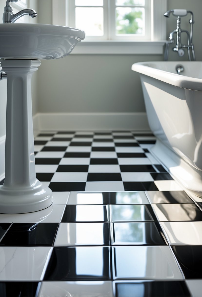 A bathroom floor with black and white checkerboard tiles, showing part of a sink and bathtub.