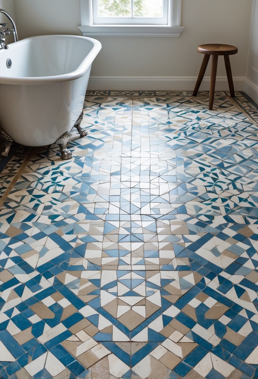 Bathroom floor covered with patterned mosaic tiles in blue, beige, and white tones, next to a white bathtub and wooden stool.