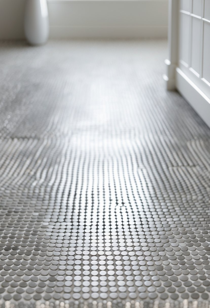 Close-up view of a bathroom floor with small round matte tiles arranged in a neat pattern.