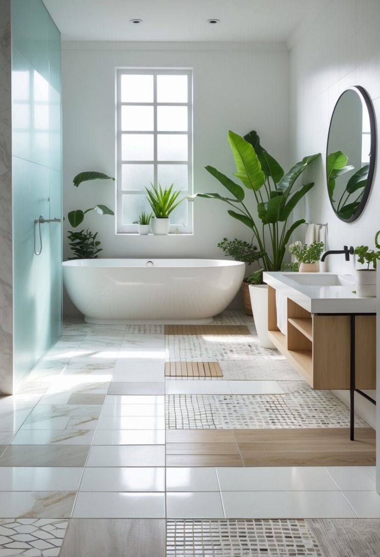 A modern bathroom with various types of floor tiles, a white bathtub, vanity with mirror, and green plants under natural light.