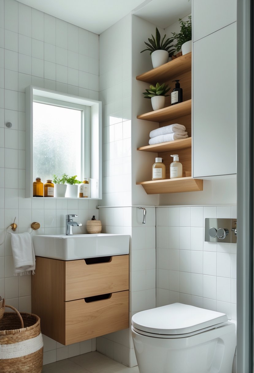 Small bathroom with compact storage including shelves, a vanity with drawers, and a tall corner cabinet holding towels and toiletries.