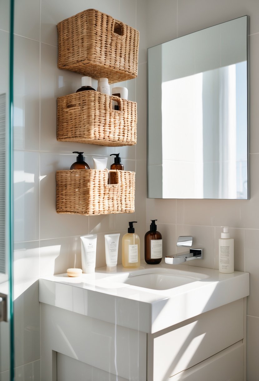 Small bathroom with wall-mounted baskets holding toiletries above a clean countertop and sink.