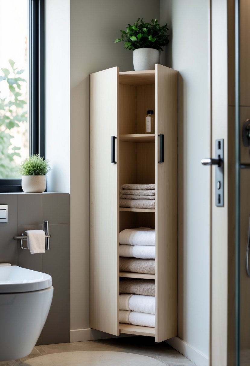 A small bathroom corner with a narrow tall cabinet storing neatly folded towels.