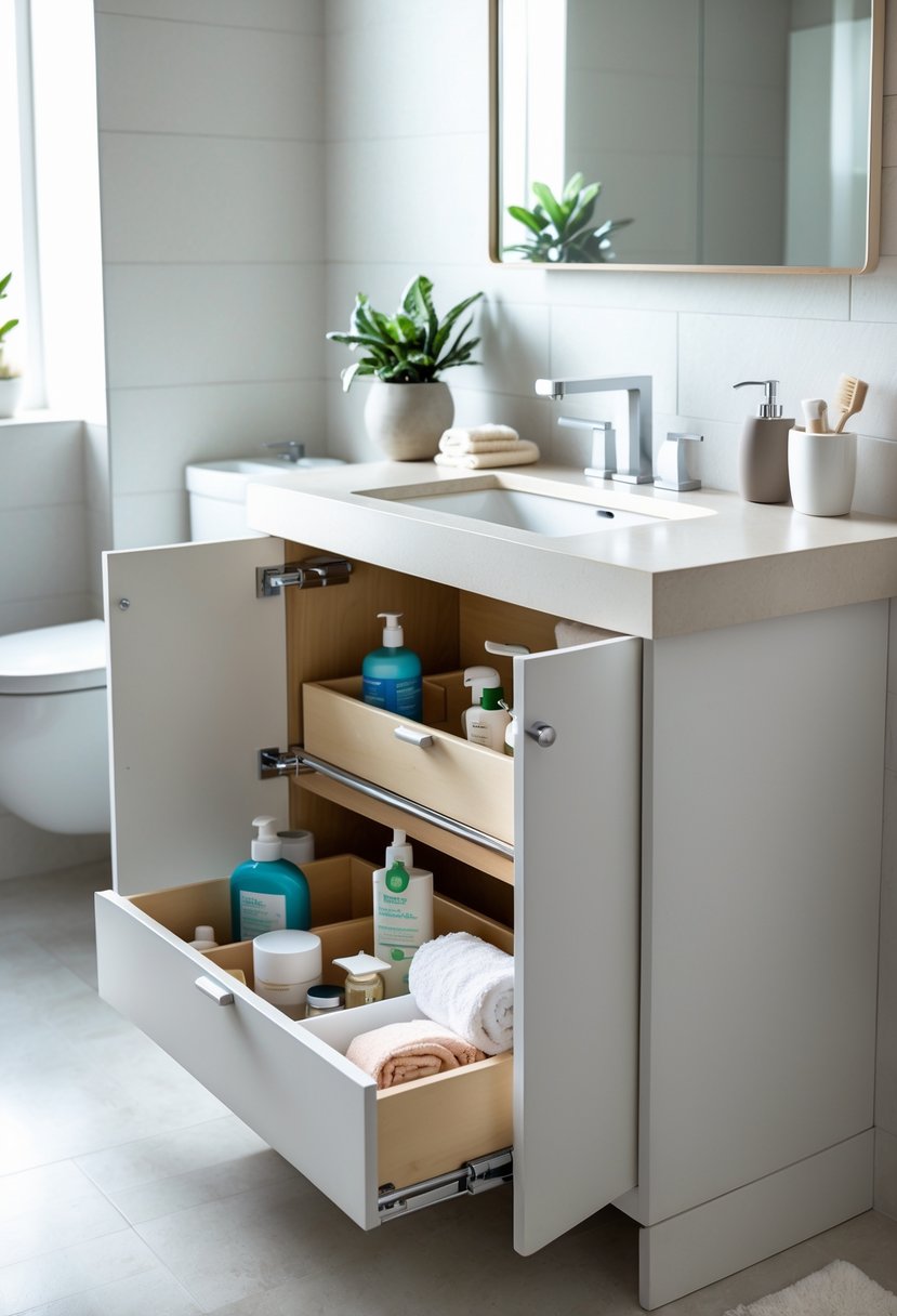 Open bathroom vanity with pull-out drawers under the sink neatly organized with toiletries and towels.