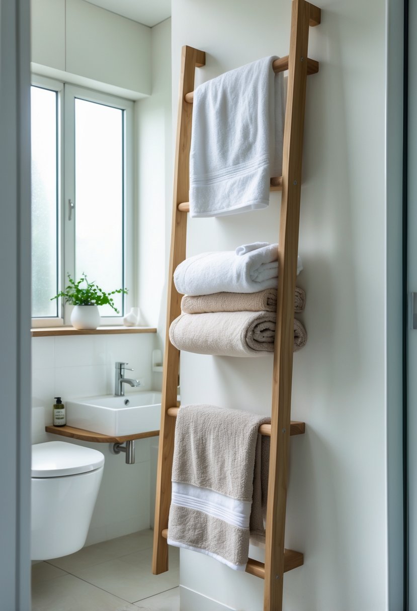 Small bathroom with a wooden towel ladder rack holding folded and hanging towels next to a sink and a small potted plant.