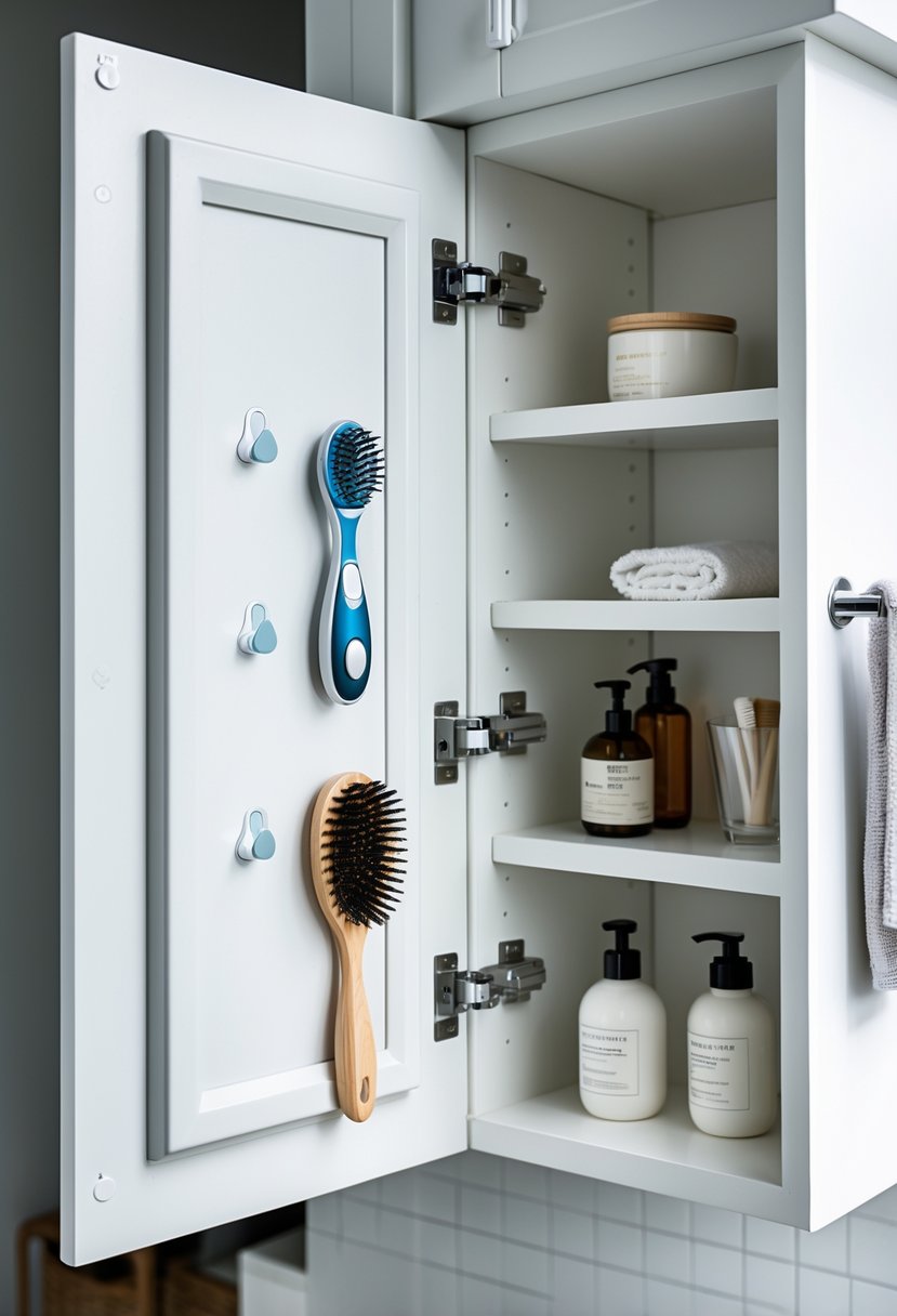Open bathroom cabinet door with small adhesive hooks holding bathroom items like a hairbrush, razor, and towel inside the cabinet.