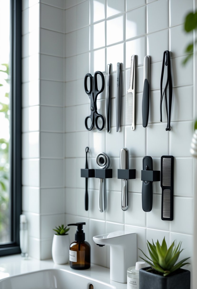 Small bathroom wall with magnetic strips holding metal grooming tools above a clean countertop.