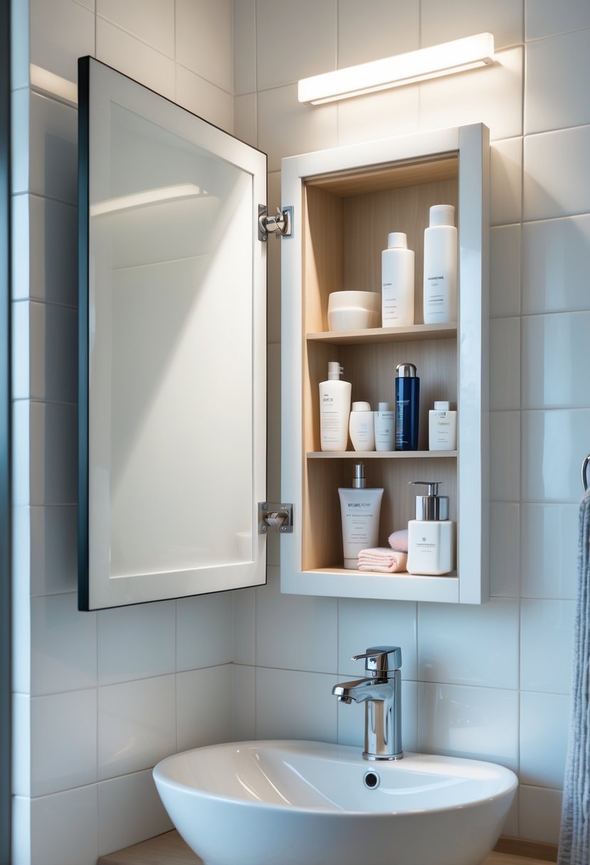 Small bathroom with an open recessed medicine cabinet showing organized toiletries inside.