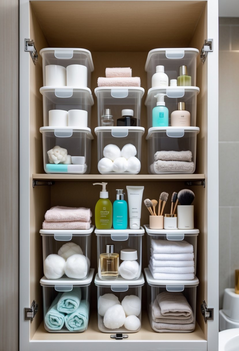 Open bathroom cabinet with stackable clear containers neatly organizing toiletries and small towels.