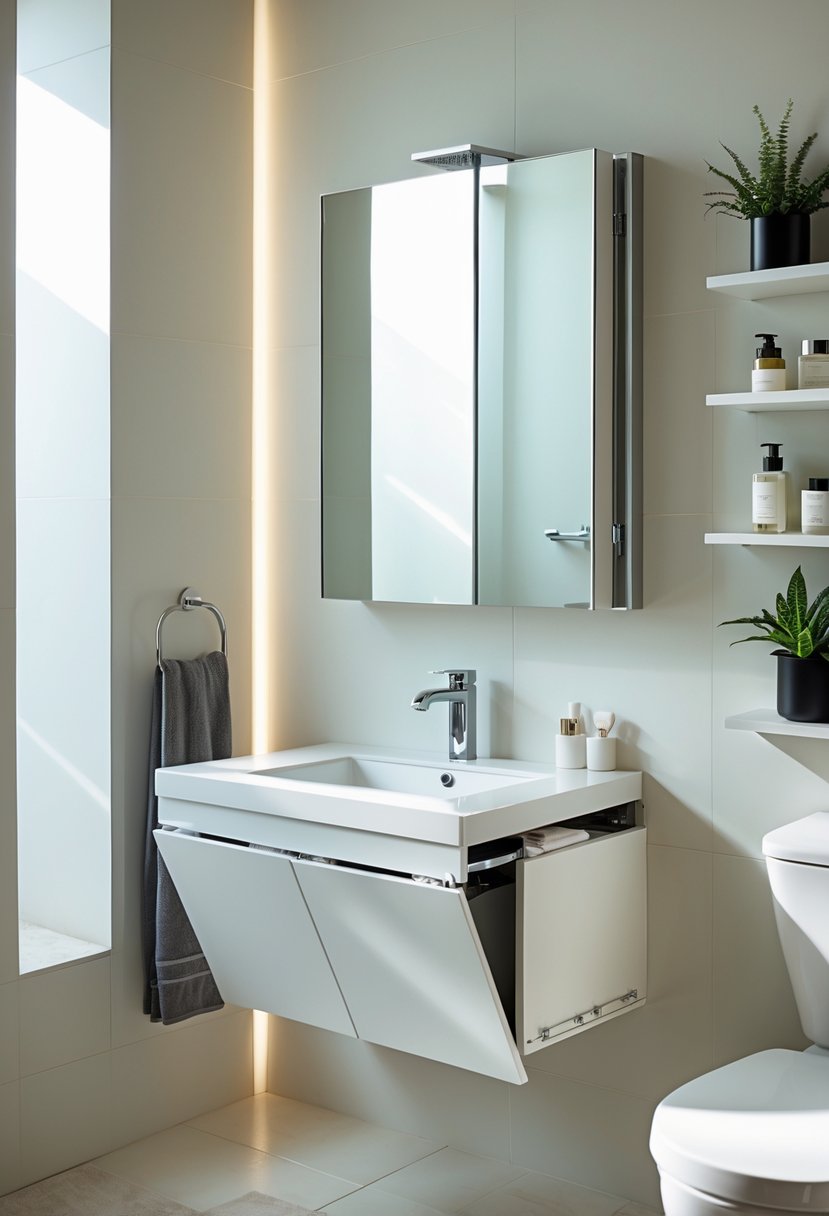 Small bathroom with a folding wall-mounted vanity partially folded down, a sink, mirror, and floating shelves with toiletries.