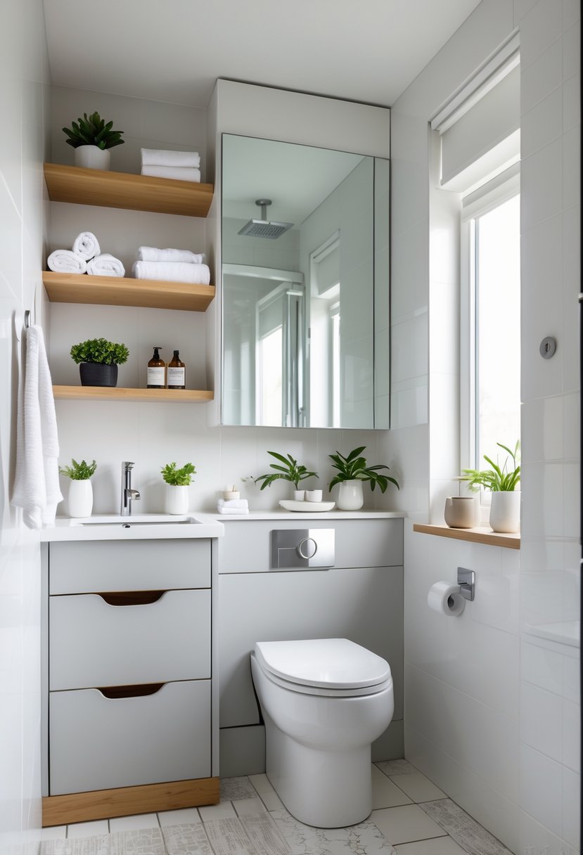 Small bathroom with organized storage solutions including shelves, drawers, and hooks, featuring a clean and tidy countertop and a large mirror.