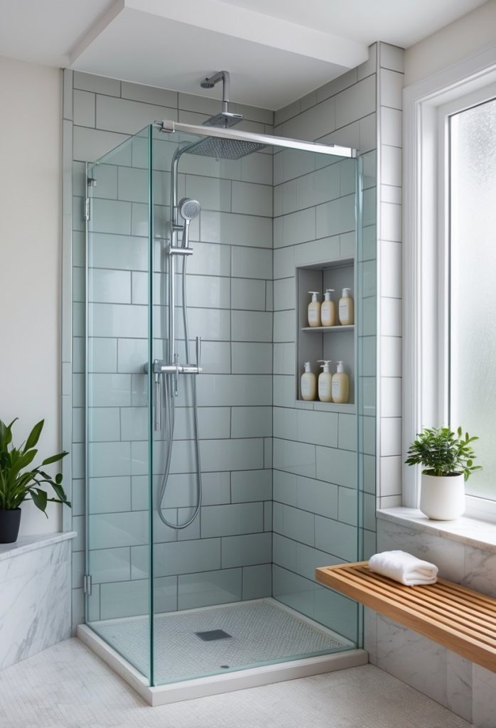 A modern bathroom with a glass walk-in shower, chrome fixtures, and a wooden bench inside.