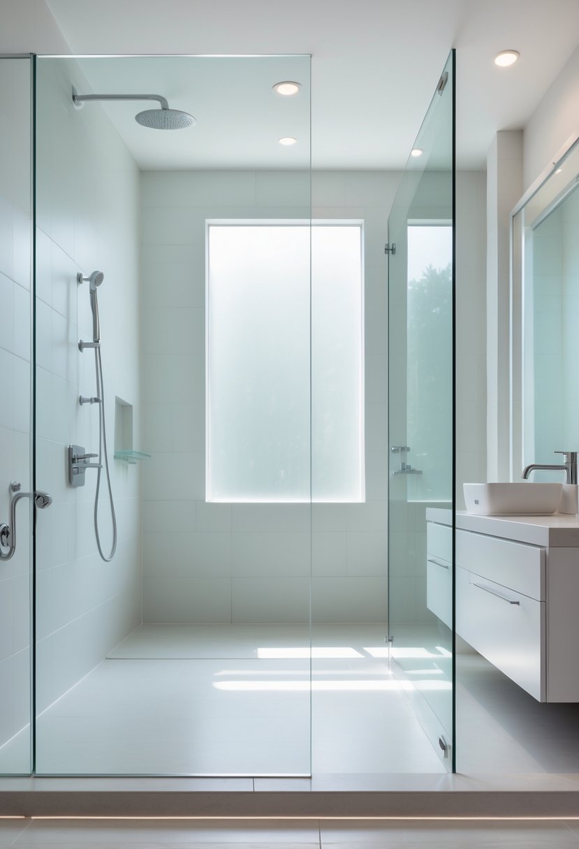 A modern bathroom with a curbless walk-in shower featuring glass panels and chrome fixtures for easy accessibility.