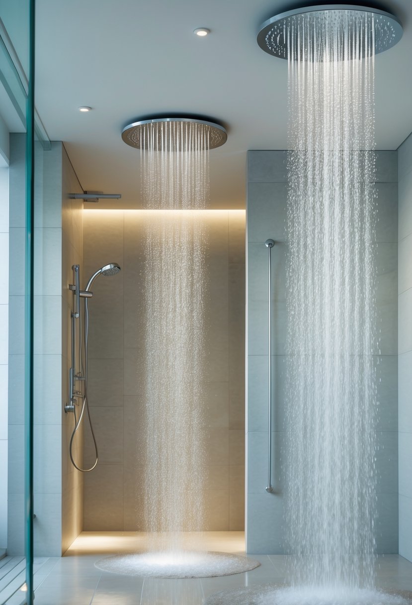 A spacious bathroom shower with large rainfall showerheads releasing water in a glass-enclosed area.
