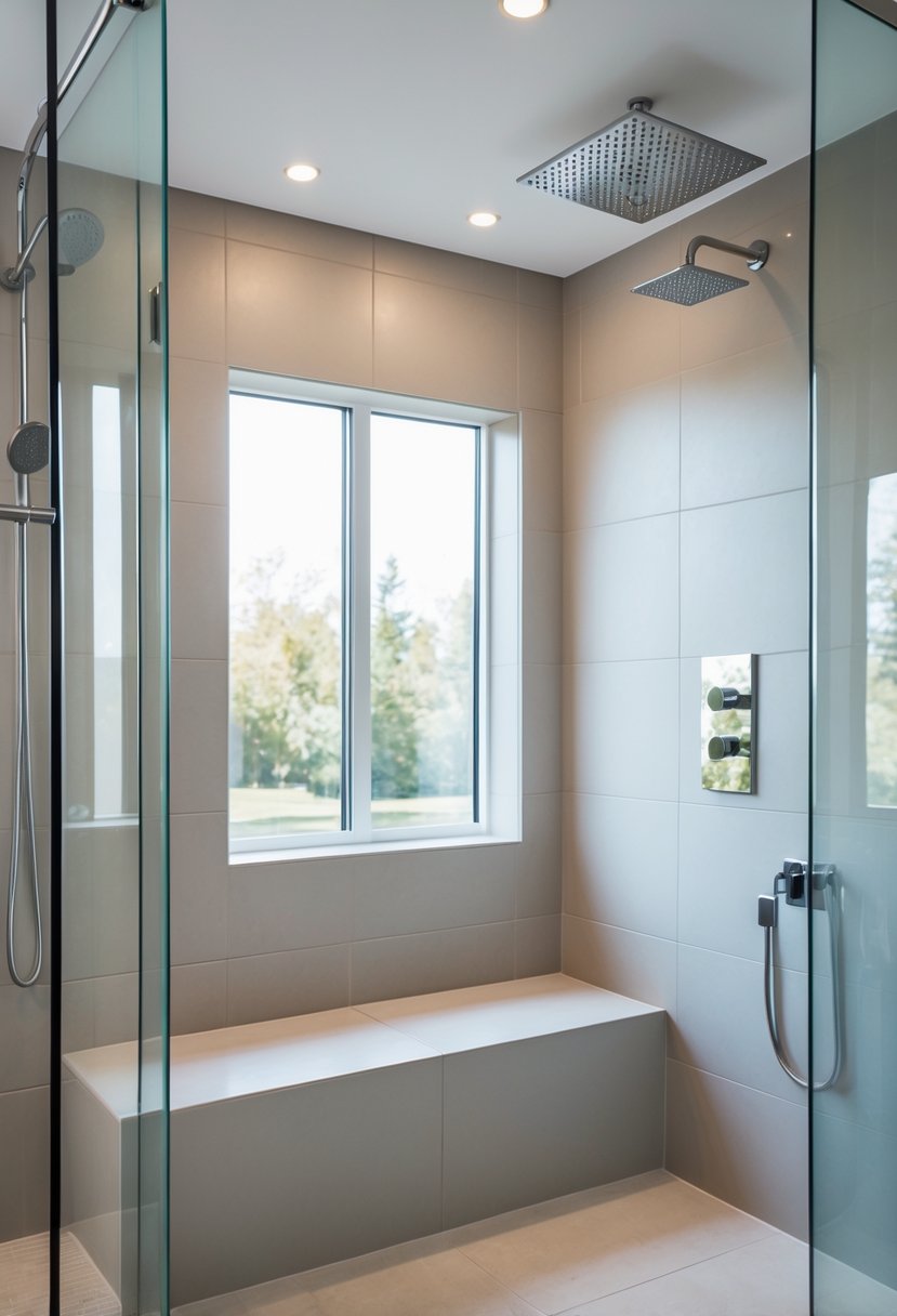 A modern bathroom shower with built-in bench seating inside a glass enclosure.