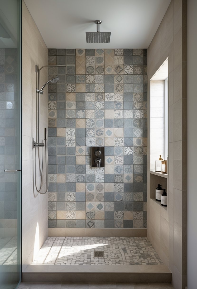 Bathroom shower with an accent wall of textured and patterned tiles, glass door, and chrome showerhead.