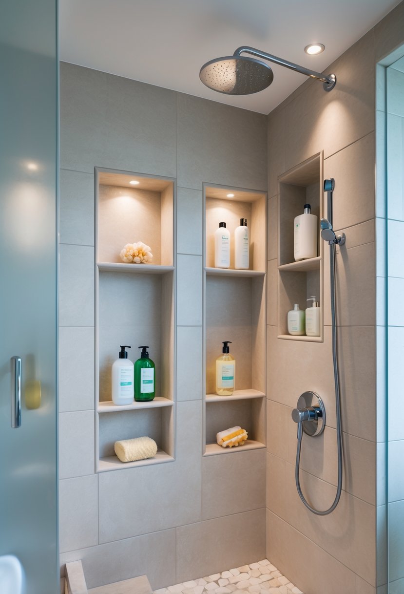 A modern bathroom shower with built-in recessed shelves holding shampoo bottles and shower items for organized storage.