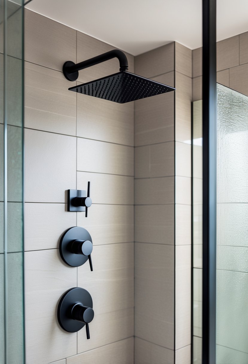 A modern bathroom shower with matte black and brushed nickel fixtures, glass door, and neutral tiled walls.