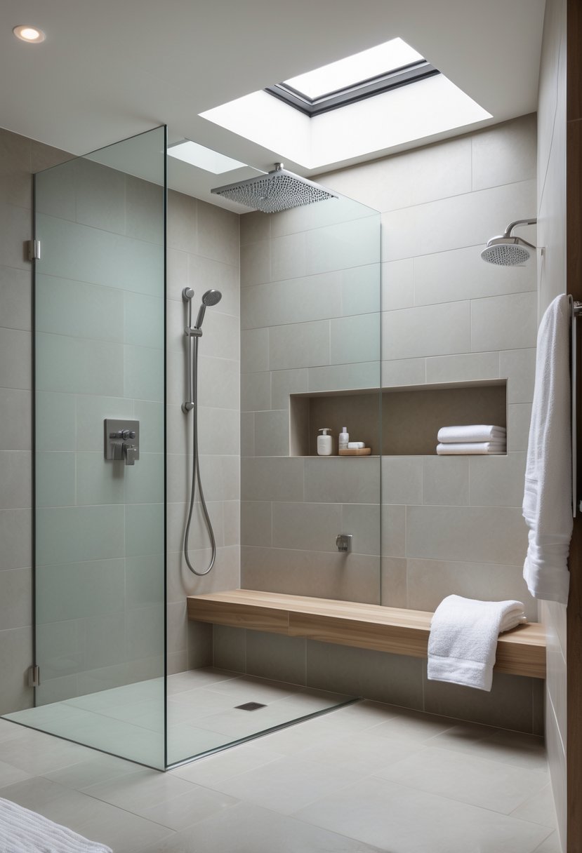 An open wet room bathroom with a glass shower area, rain showerhead, wooden bench, and natural light coming through a frosted window.