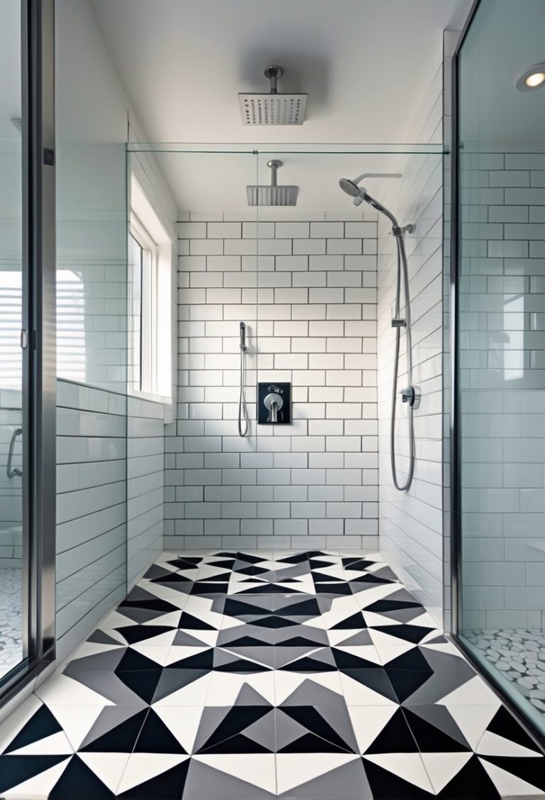 Bathroom shower with bold geometric patterned floor tiles and clear glass panels.