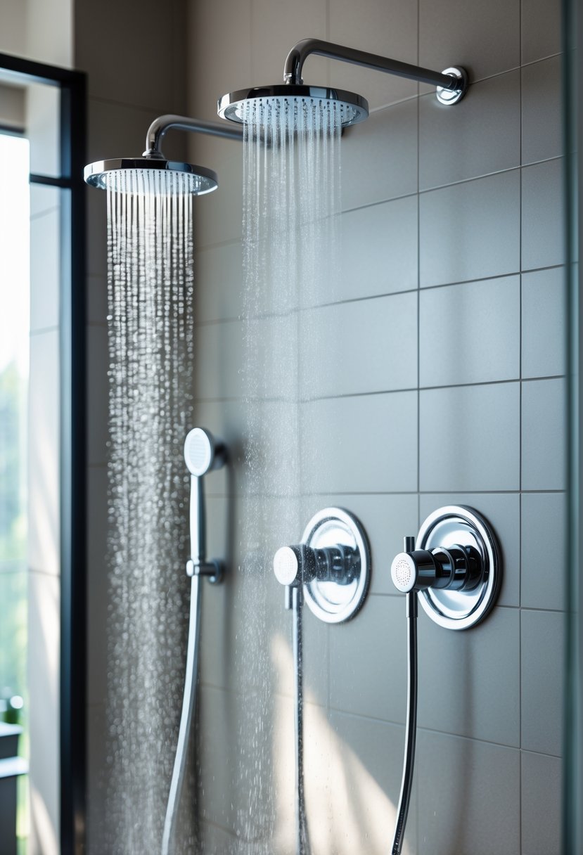 A bathroom shower with two chrome showerheads mounted on a tiled wall, both releasing water.