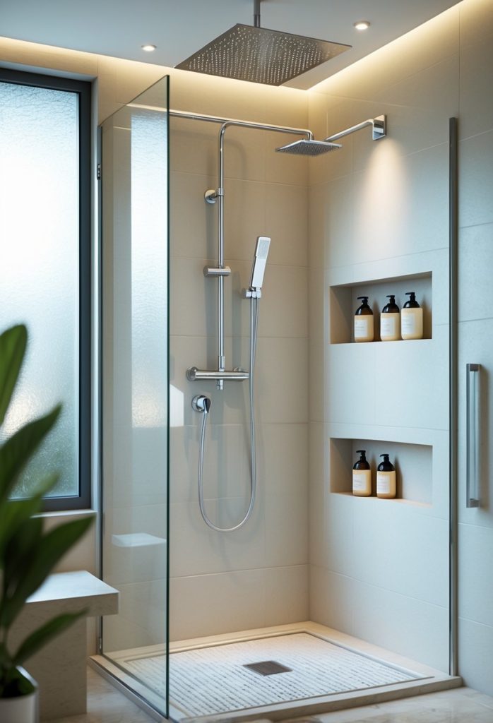 A modern bathroom shower with a glass enclosure, rainfall showerhead, handheld shower wand, built-in wall niches, and a bench.