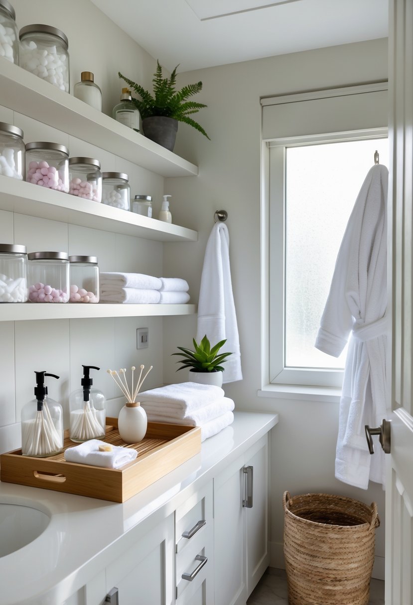 A clean and organized bathroom with shelves holding jars, folded towels, a plant, and soap dispensers, with towels hanging on hooks and a laundry basket in the corner.