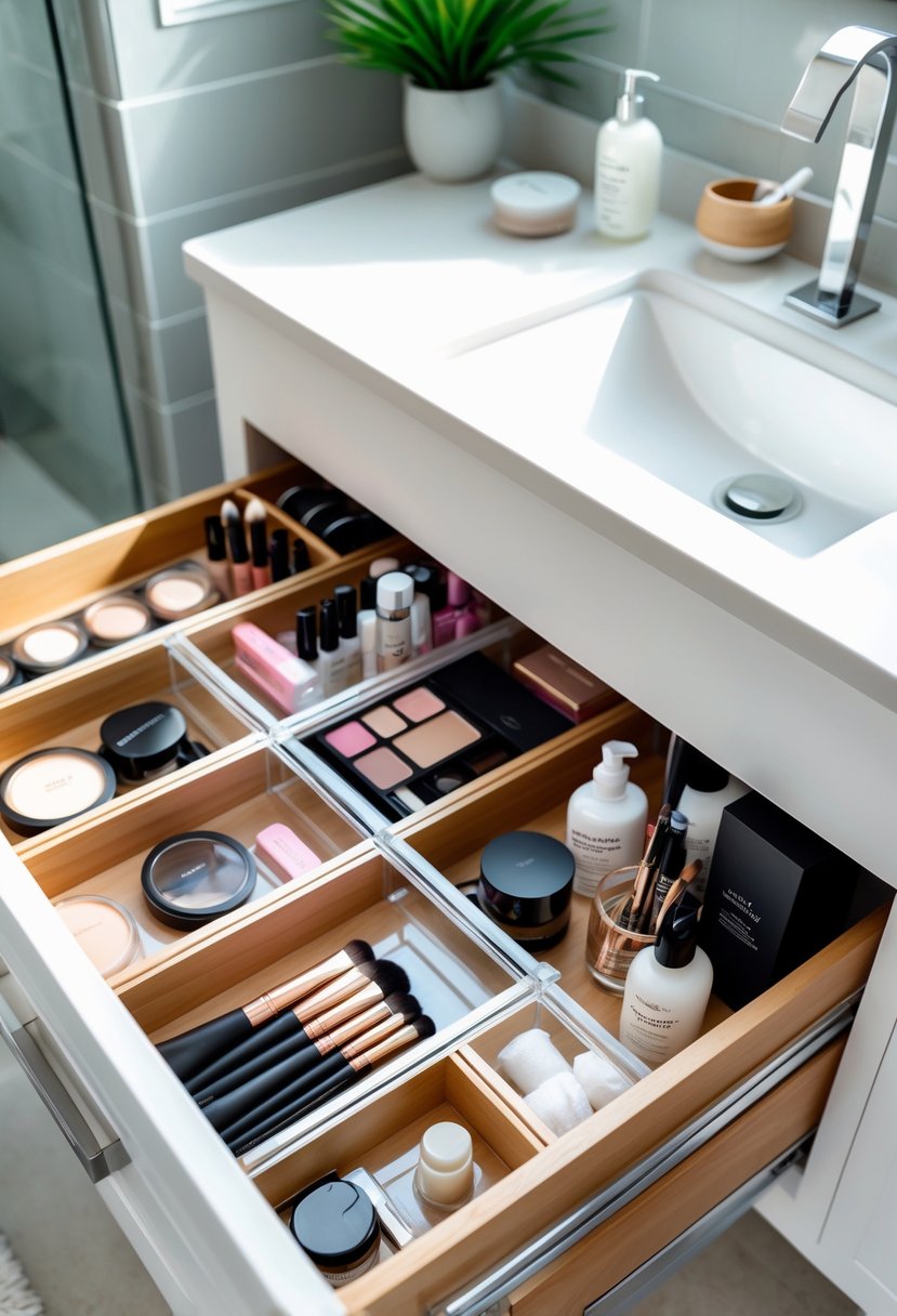 An open bathroom drawer with dividers organizing makeup, brushes, and toiletries neatly inside.