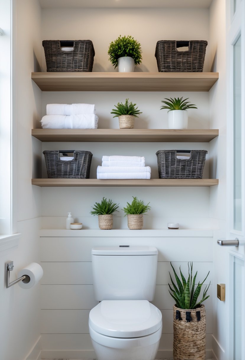 Bathroom with floating shelves installed above the toilet holding storage baskets, plants, and towels.
